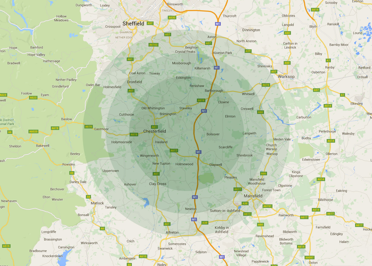 Areas covered include Matlock, Darley Dale, Barlow, Dronfield, Norton, Mansfield, Chesterfield, Alfreton, Clay Cross and more...